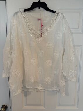 White Embroidered V-Neck Tunic with Sequin Trim